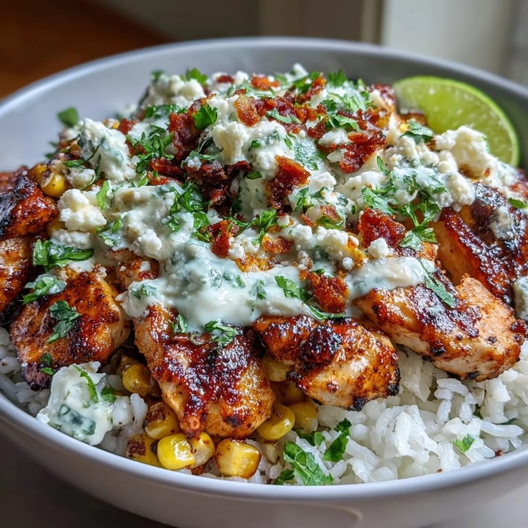Hearty Street Corn Chicken Rice Bowls, featuring spiced chicken and creamy topping.