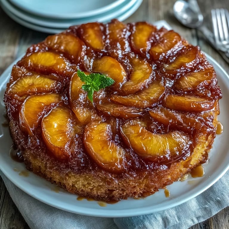 A sweet, homemade brown sugar peach upside-down cake ready to be served warm.