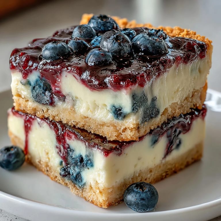 Creamy no-bake cheesecake bars overflowing with fresh blueberries and lemon zest.
