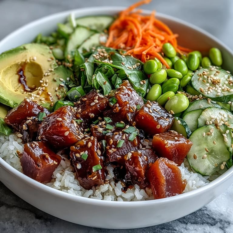 Fresh canned tuna poke bowl, a quick, colorful, and healthy weeknight dinner.