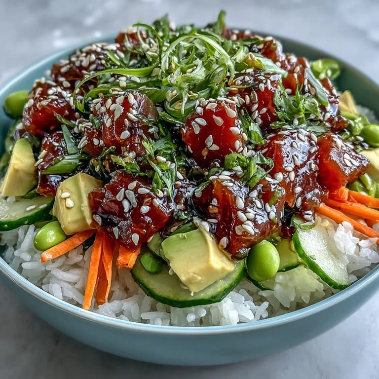 Easy canned tuna poke bowl with creamy avocado and crisp radish toppings.