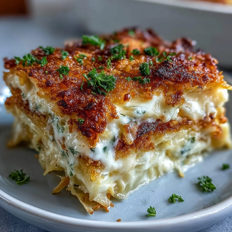 Tender cabbage bake, creamy Alfredo sauce, and delicious crispy breadcrumb topping pictured.