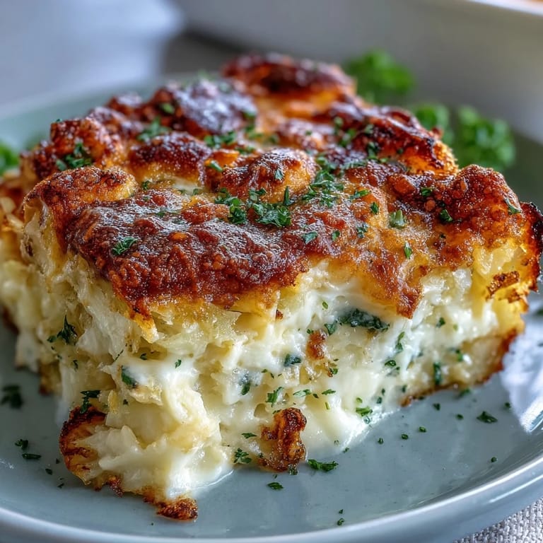 Comforting Crispy Cabbage Alfredo Bake, a hearty vegetarian casserole ready to serve.