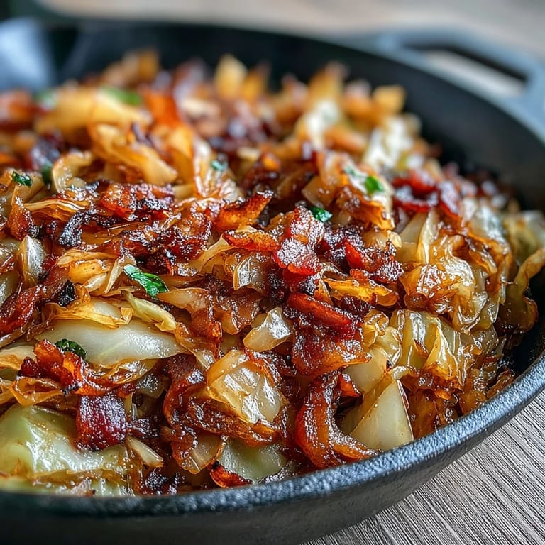 Hearty Fried Cabbage with Bacon and Onions, showcasing crispy bacon bits.