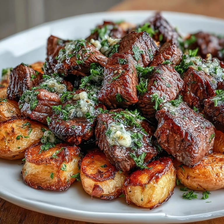 Tender Garlic Butter Steak Bites and Potatoes, served with fresh herbs.
