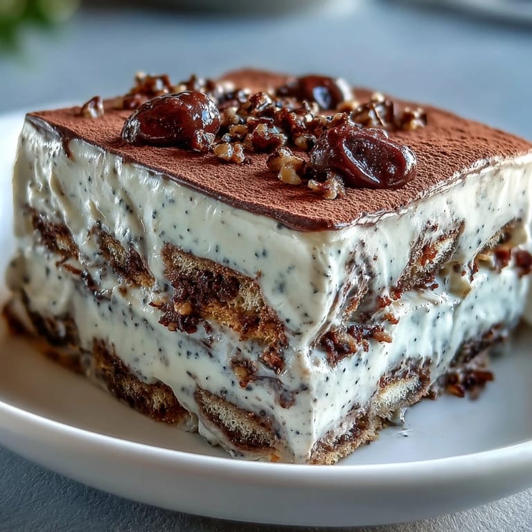 Visually stunning black sesame tiramisu layered with mascarpone, ready to be chilled and enjoyed.