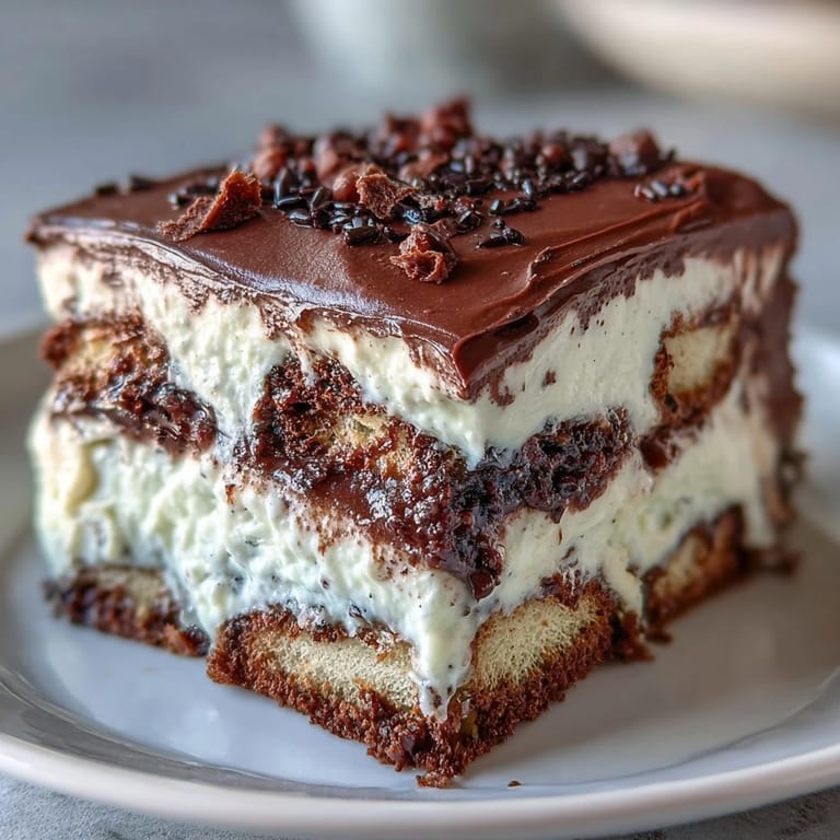 A unique black sesame tiramisu dessert, garnished with seeds and dusted for elegant serving.