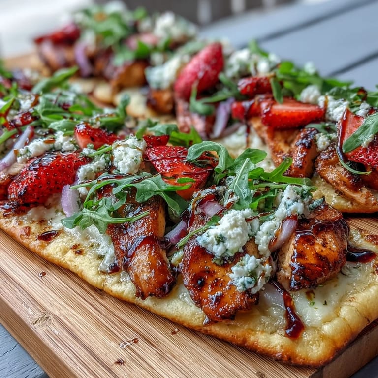 Beautifully baked strawberry balsamic chicken flatbread, topped with goat cheese and herbs.