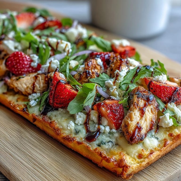 Easy strawberry balsamic chicken flatbread, bursting with sweet and tangy flavors.