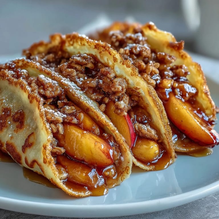 Sweet Peach Cobbler Pancake Tacos showcase tender peaches and crunchy streusel topping.