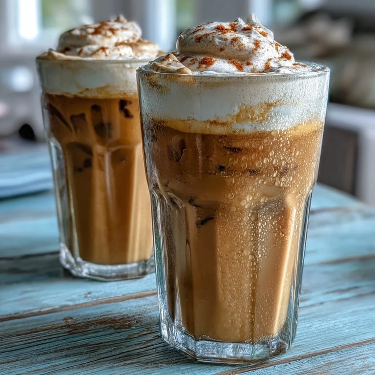 Iced chai latte topped with fluffy, spiced pumpkin pie cold foam goodness.