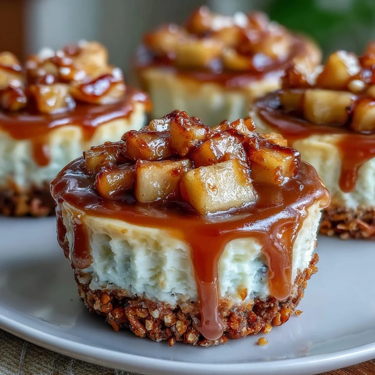 Mini Caramel Apple Pretzel Cheesecake Cups, a sweet and salty dessert.