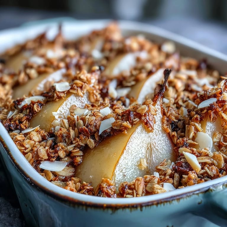 Warm Pear Almond Granola Bake, a comforting breakfast with sweet pears.