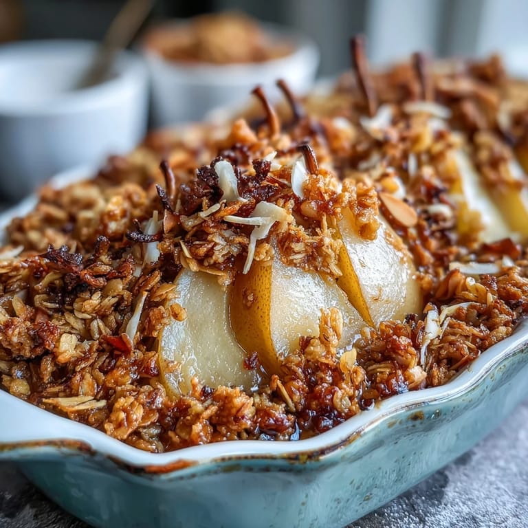 Baked Pear Almond Granola Bake, ready to serve with creamy yogurt.