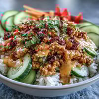 Spicy Bang Bang Turkey Rice Bowls with creamy drizzle over crisp veggies and fluffy rice.