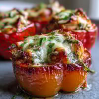 Golden-brown Pesto Chicken Stuffed Sweet Peppers topped with melted mozzarella on a baking sheet.