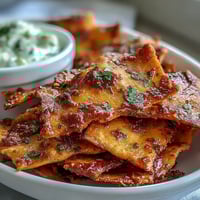 Golden-baked Spicy Chili Crisp Garlic Naan Chips arranged in a fan beside a small bowl of creamy Asian cucumber dip, garnished with fresh cilantro and chives.