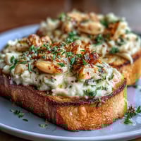 Creamy white bean and roasted garlic spread slathered on golden sourdough toast, garnished with fresh thyme.  