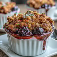 A warm mixed berry crumble with golden oat topping, baked until bubbling and served in a cozy ramekin.