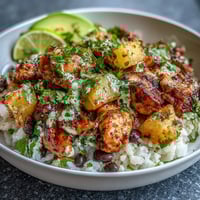 Vibrant chicken pineapple taco bowls with coconut rice, topped with fresh pineapple salsa, black beans, and avocado slices.  