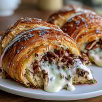 Golden King Cake stuffed croissants filled with spiced pecan cream and drizzled with festive icing and sanding sugars.  