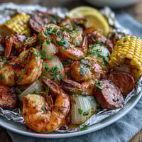 Crawfish boil foil packets sizzle with spicy crawfish, corn, potatoes, and sausage, grilled to perfection in a savory Cajun blend.