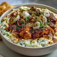 Creamy cottage cheese buffalo chicken dip with shredded chicken, buffalo sauce, and melted cheese, baked until bubbly and golden.  