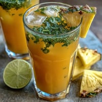 A tall glass filled with chilled pineapple basil agua fresca, garnished with a lime slice and fresh basil sprig.