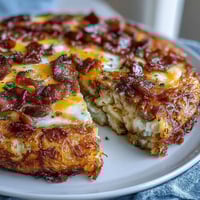Amish Breakfast Casserole with Hash Browns, Eggs and Sausage in a golden, cheesy bake.