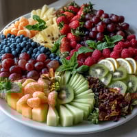 Vibrant grad party fruit table with edible flowers, perfect for graduation celebration