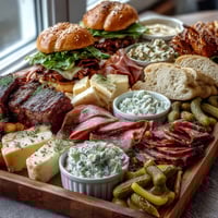 A colorful Loaded Deli Sandwich Board with sliced meats, cheeses, and fresh vegetables ready for custom sandwiches.