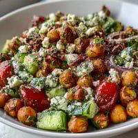 Cold chickpea salad with lemon herbs in a white bowl, fresh mint and parsley sprinkled over colorful vegetables.