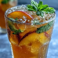 Vibrant iced peach green tea lemonade, bursting with sweet peach and tart lemon.