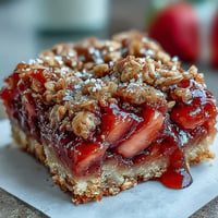 Strawberry Rhubarb Crumble Bars baked golden brown, showcasing bursting fruit.