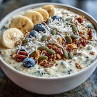 Creamy High Fiber Smoothie Bowl topped with fresh fruit, granola, and seeds.