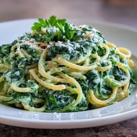 Creamy Spinach Pasta featuring wilted greens in a velvety sauce, garnished with Parmesan.