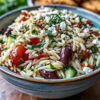 Warm Greek Style Orzo Salad with vibrant vegetables and crumbled feta cheese.