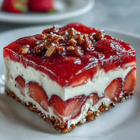 Strawberry Pretzel Jello Salad: bright berries over creamy layer on pretzel crust.