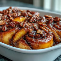 Warm peach cobbler cinnamon roll casserole with gooey icing drizzle.