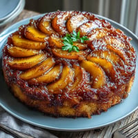Close-up of caramelized peaches on a golden brown sugar peach upside-down cake.