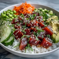 Vibrant canned tuna poke bowl, bursting with fresh vegetables and zesty dressing.