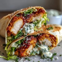 Golden brown crispy chicken Caesar wraps bursting with fresh romaine and creamy dressing.