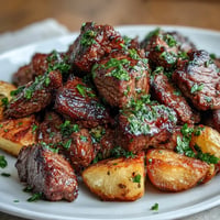 Seared Garlic Butter Steak Bites and Potatoes, glistening in rich sauce.