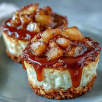 Caramel Apple Pretzel Cheesecake Cups with gooey caramel drizzle.