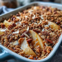 Golden Pear Almond Granola Bake with tender fruit and crunchy topping.